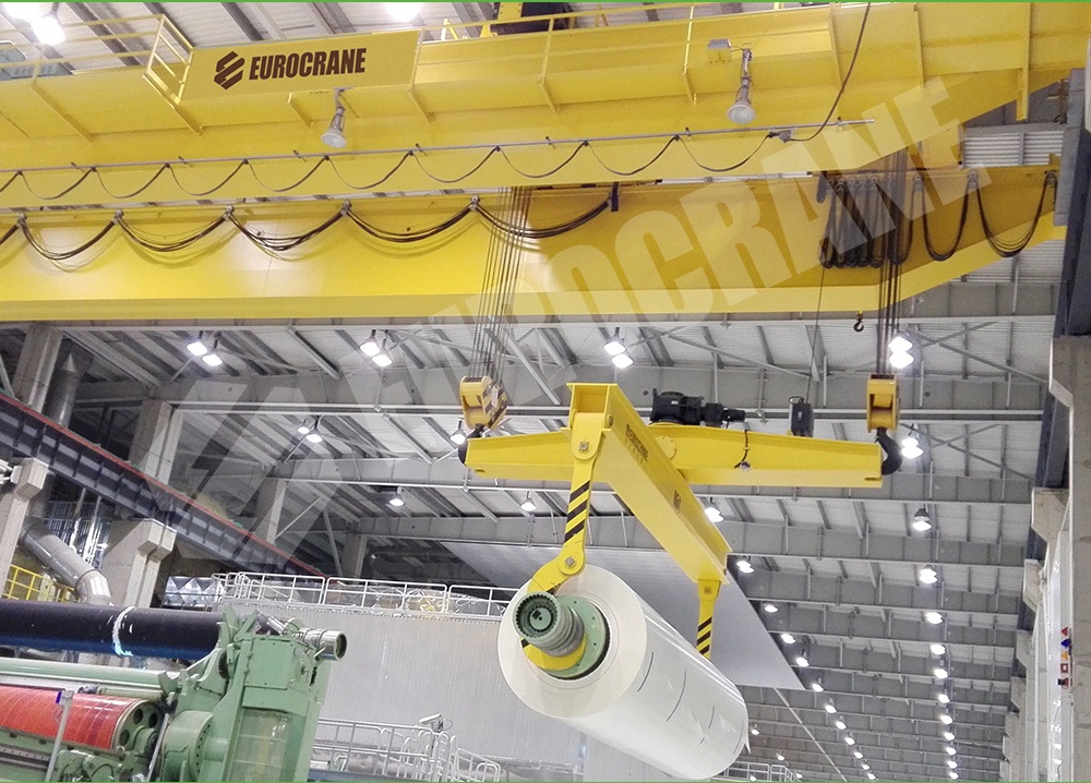 Eurocrane 160t industrial overhead crane lifting Valmet paper machine suction rolls