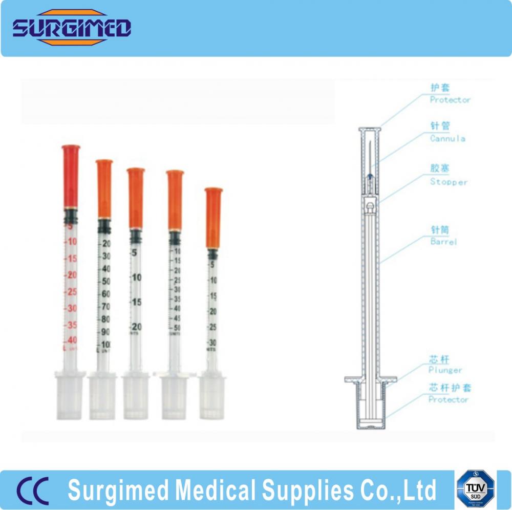 Medical Unibody Disposable Insulin Syringe Red Orange Cap