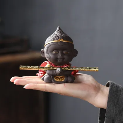 Monkey King Statue Tea Pet Suwukong with Stick - Ceramic Tea Table Decoration