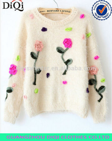 fashion hot crocheted 3D flower wholesale mohair women pullover sweater