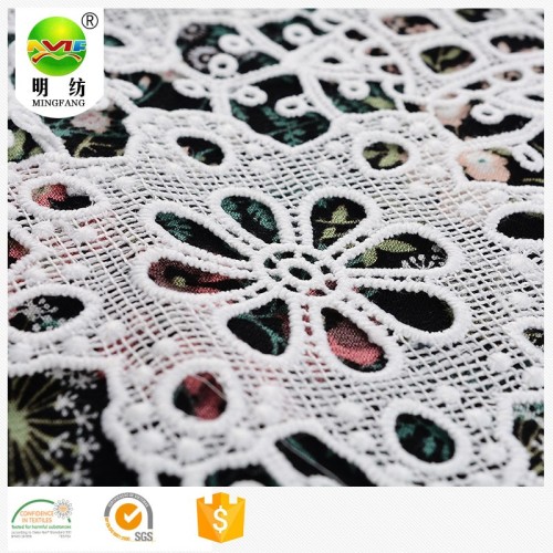 Embroidery Lace Dress Fabric Chemical 100% polyester guipure embroidery fabric Supplier