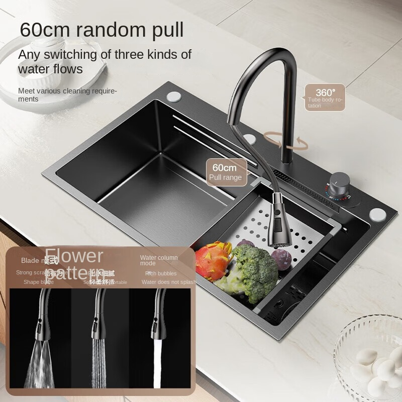 Stainless steel kitchen sink with waterfall pull-down faucet