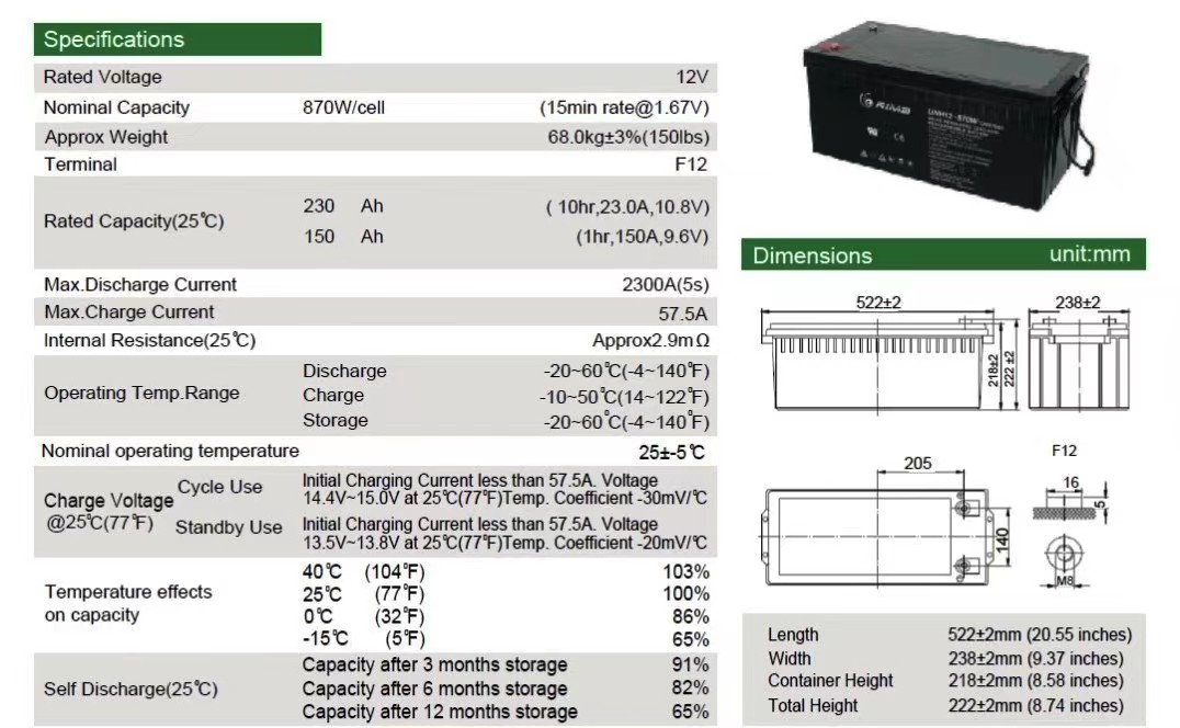 RIMA UNH12-870W high rate battery specifications