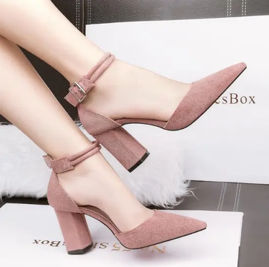 Summer Women's Pointed Toe Pumps with Block High Heels and Ankle Straps