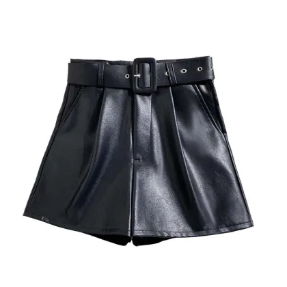 2021 New Pu Leather Shorts Women Summer Shorts All-Match Sashes Wide Leg Short Ladies Sexy Leather Shorts