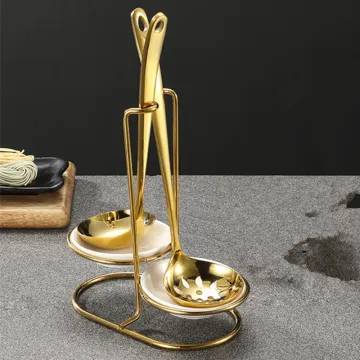 Gold Stainless Steel Table Spoon Rack, Metal Holder, Silver Serving Ladle & Ceramic Spoon Rest: Organizing Kitchen Utensils