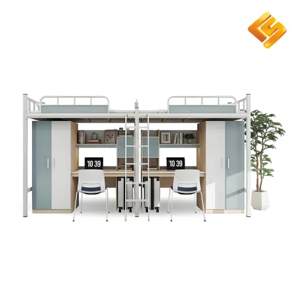 The elevated bed and bookcase are integrated