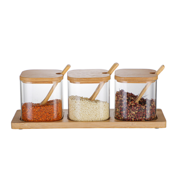 3pcs High Borosilicate Glass Storage Jar Set with Bamboo Lid, Spoon, and Base