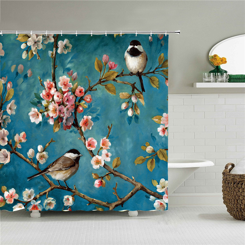 Chinese Style Flower Bird Shower Curtain Bathroom Waterproof Polyester Fabric Bathroom Curtain Printed Curtain Bath Screen Mat