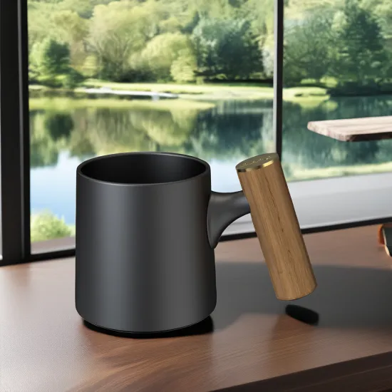 DHPO Ceramic Tea Mug - Ergonomic Wooden Handle, Simple Style, High Standard, Gift for Mother's Day