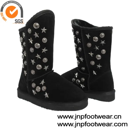 Black leather studded snow boots women shoes