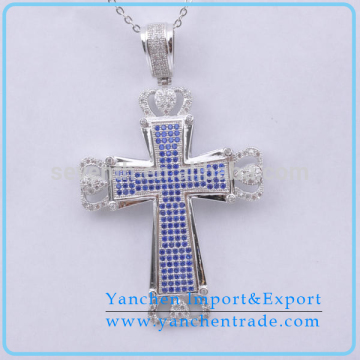Micro Pave Rhodium Plated Blue and White CZ Diamond Fashion Cross Pendant Necklace