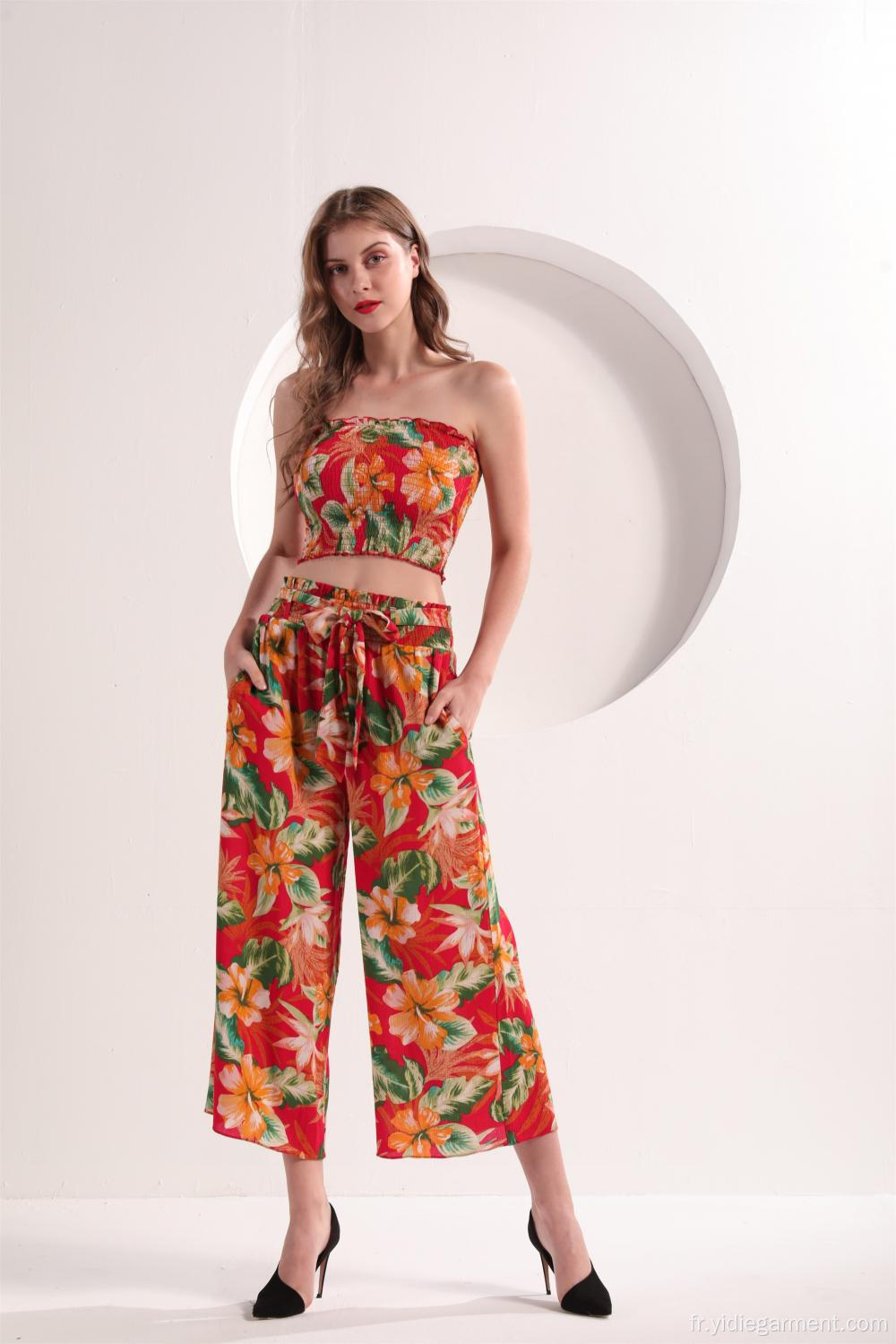 Pantalon large taille haute à imprimé floral pour femme