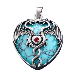 Turquoise Heart Antique Silver Double Dragon Stone Pendant (32x42mm) for DIY Making Jewelry