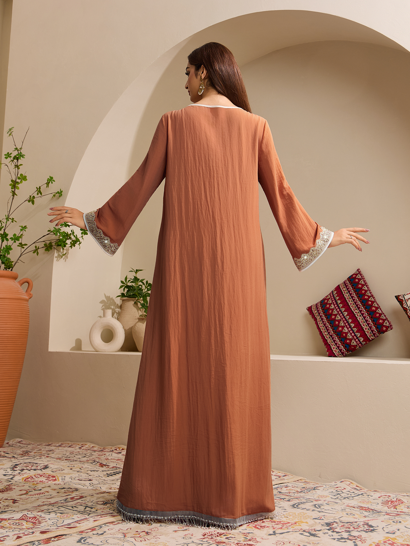 Crystal Embellished Textured Linen Abaya (6)