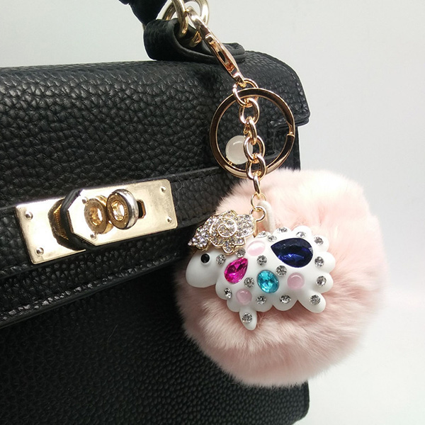 Rabbit Fur Pom Ball Crystal Pendant Keychain