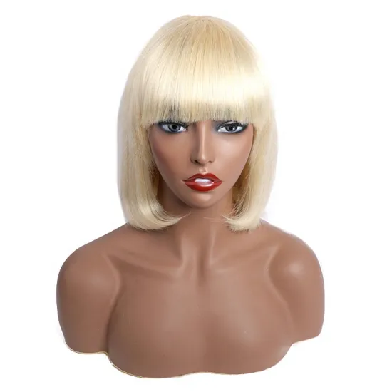Pixie Cut Straight Machine Made With Bang Brazilian Human Hair Wig With Bob Cut 613 Sunlight 150% Density For Black Women