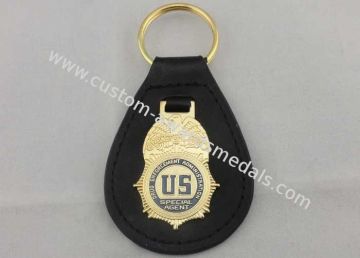 Brass Personalized Leather Keychains With Gold Plating , Us Agent Leather Key Chain