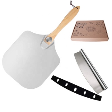 Hot Selling 3-Piece Wooden Handle Aluminum Pizza Tools Set: Including Turning Peel and Rocker Cutter Knife Server