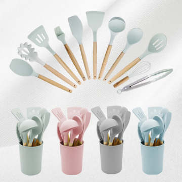 Environmentally Friendly 11-Piece Silicone Kitchen Utensil Set with Wooden Handles by Manufacturer