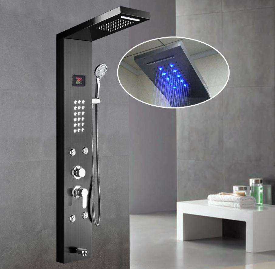 Venta caliente 304 pantalla de temperatura de acero inoxidable LED cabezales de ducha de lluvia paneles de ducha termostáticos de masaje