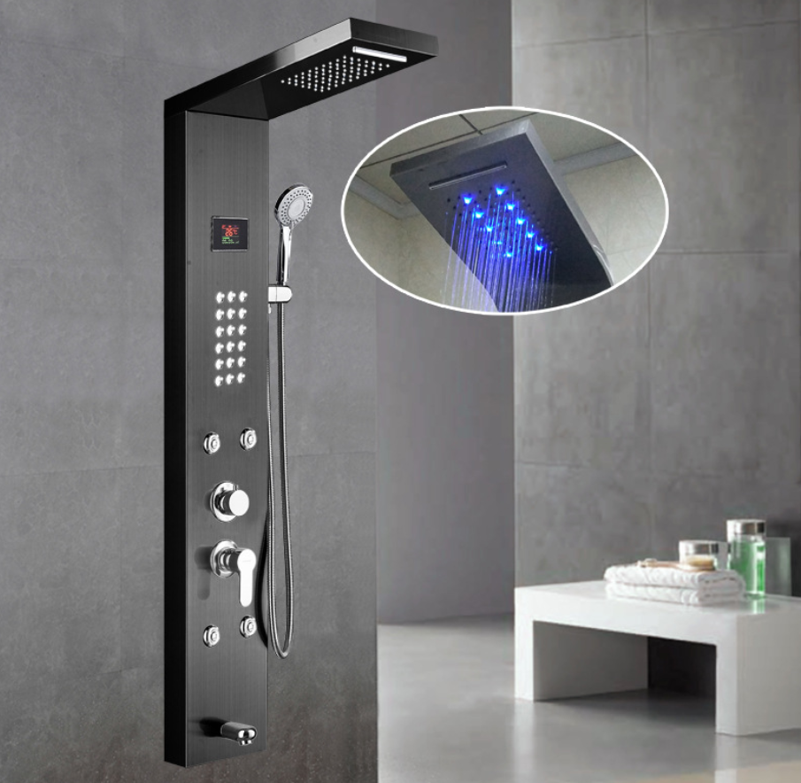 Hot Sale 304 stainless steel temperature display LED rainfall shower heads massage thermostatic shower panels