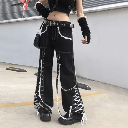 Women Lace Splicing Black Goth Pants