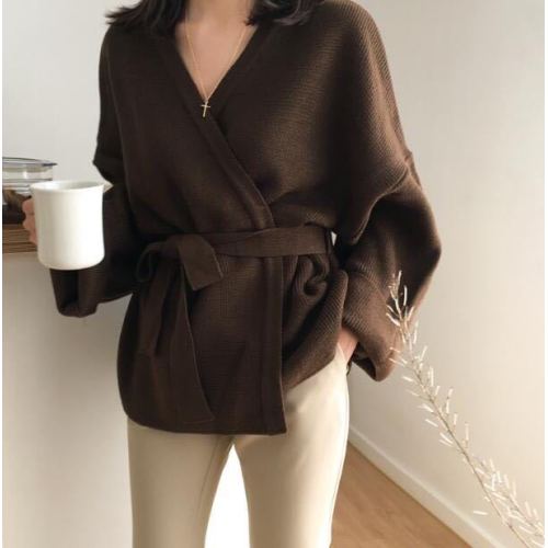 Women's Loose solid color belted sweater