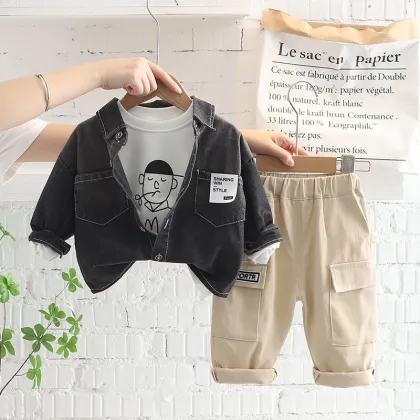 Customizable New Style Autumn Boys' Clothing Set: Denim Coat, T-Shirt, Cargo Pants - OEM & ODM Options Available