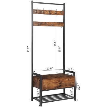 Rustic Wood Look Coat Rack Shoe Bench with Metal Frame