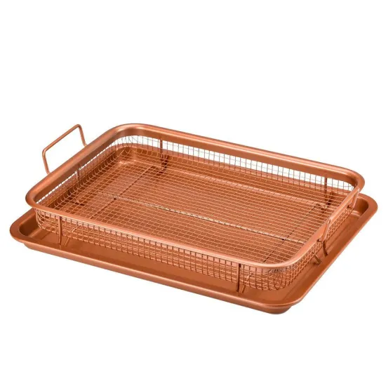 Non-Stick Carbon Steel Cookie Sheet and Mesh Basket Set for Air Fryer: Cooper Rectangle Crispy Tray and Mesh Basket Kit