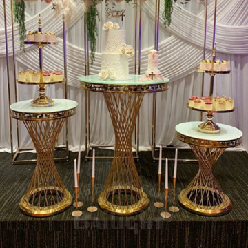 Gold Metal Glass Top Wedding Cake Table Stand for Decorative Parties