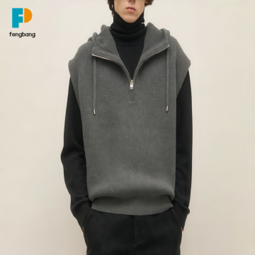 Erkek Nervürlü Örgü Kolsuz Yarım Fermuarlı Kapşonlu Yelek