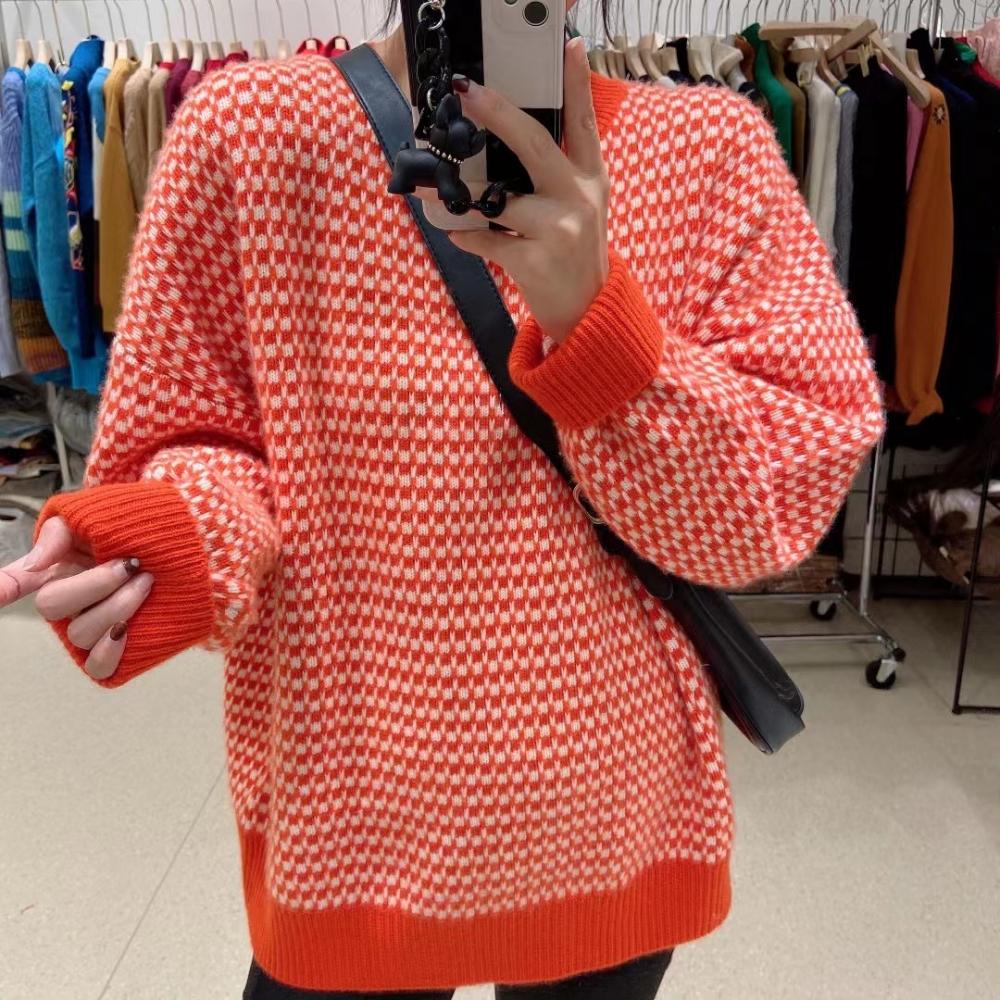 Orange checked cashmere knit coat