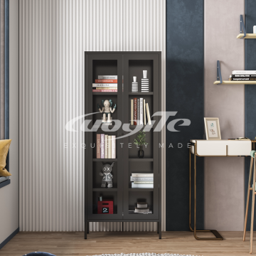 Double Door Black Steel High Leg Bookcase