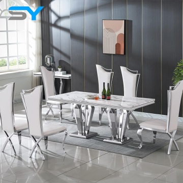 SIYANG Nordic White Marble Rectangle Dinner Table with Silver Stainless Steel Base - Wholesale Dining Table