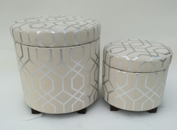 S/2  fabric round storage ottoman  with removed lid