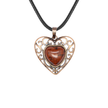 Mahogany Obsidian 15MM Cabs Antique Bronze Alloy Heart PendantNecklace 45cm Black Cord