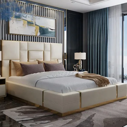 Luxury Leather Double Bed with Comfortable Bedding Set