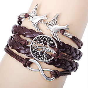 Les bracelets de métal infini de rétro antique silver plaque arbre de vie doubles volent de petits oiseaux cordon de tissés à la main en gros bracelets