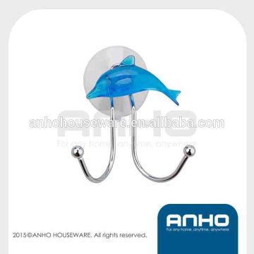 Anho chrome iron plastic suction cup double hook dolphin design