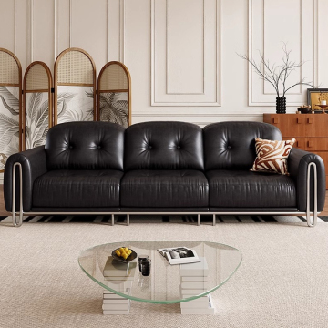 Black Antique Leather High Backrest Square French Retro Luxury Sectional Sofa