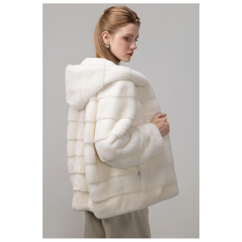 KC Fur Velvet Horizontal Draw Knife Hooded Mink Jacket For Women