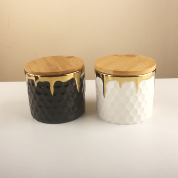 Gold Electroplated Ceramic Tea Coffee Storage Canister with Bamboo Lid