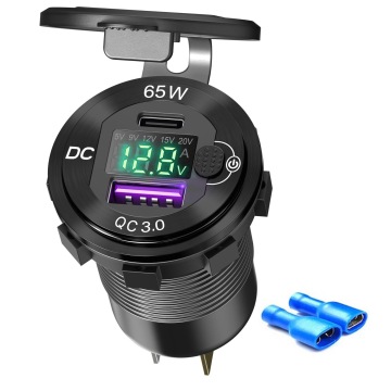 Car Socket 65W Type-C QC3.0 Voltmeter Display Quick Charge USB Adapter