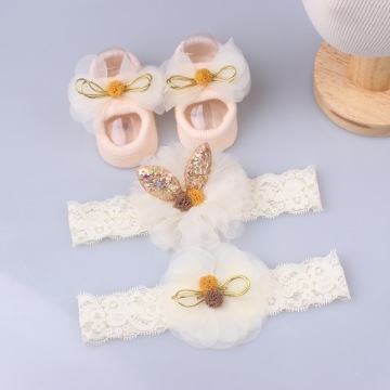 3-Piece Baby Girl Christening Gift Set: Lace Sequined Elastic Band Prewalker Anti-Slip Socks, Girls Bow Headband, and Floor Slippers
