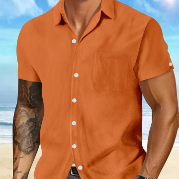 Fashionable Men's Summer Cotton Linen Pocket Shirt - Slim Fit Casual Short Sleeve