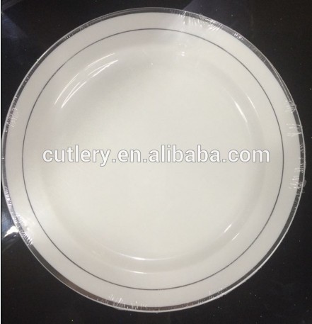 7.5\" disposable plastic plate with silver rim by hot stamp