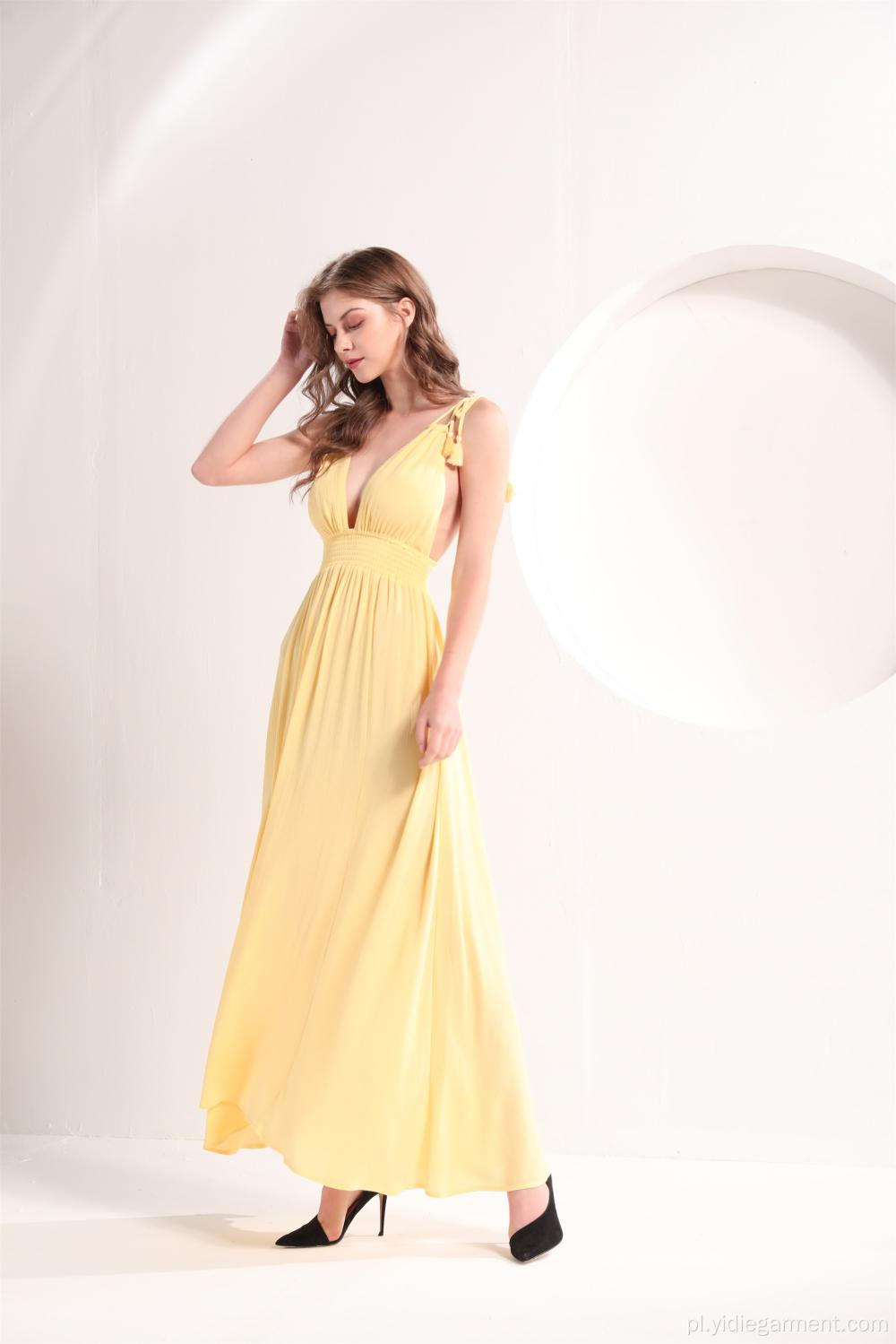 Żółta sukienka damska z głębokim dekoltem w szpic