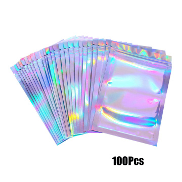 100pcs S/M/L Flat Zip lock Bath Salt Cosmetic Bag One Side Clear Holographic Laser Mini Aluminum Foil Zip Lock Bags Thick